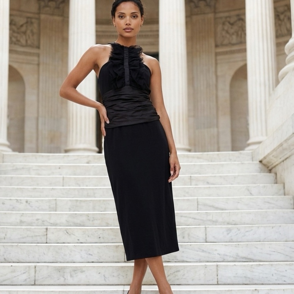 Samantha Treacy little black dress has feather ruffled front